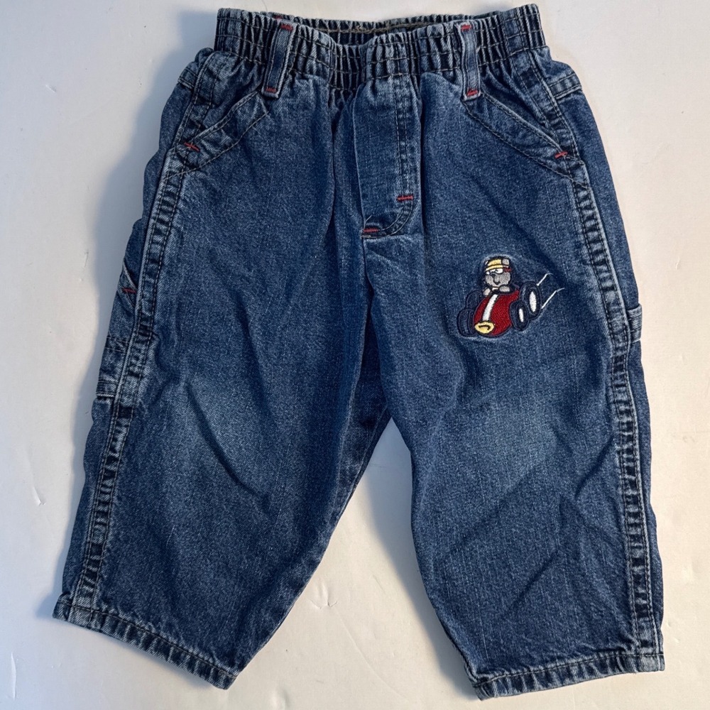 Vintage 90s Oshkosh B'gosh Race Car Teddy Bear Embroidered Denim Jeans Boys 12m
